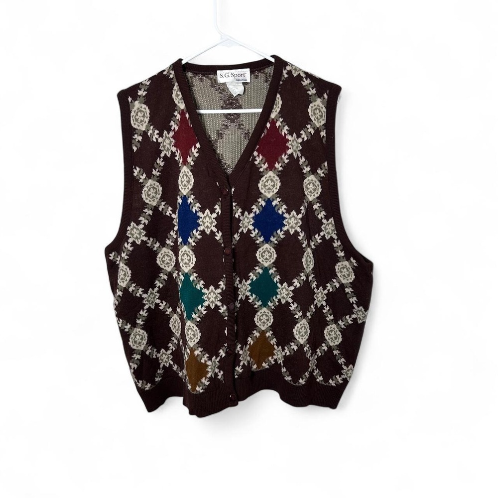 Vintage S.G. Sport Women's Argyle Knit Vest sz 3X Academia Preppy  grandmacore